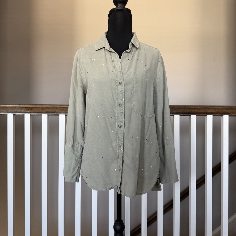 Cloth & Stone Green Paint Splatter‎ Utility Button Up Shirt Sz Small Artsy Boho